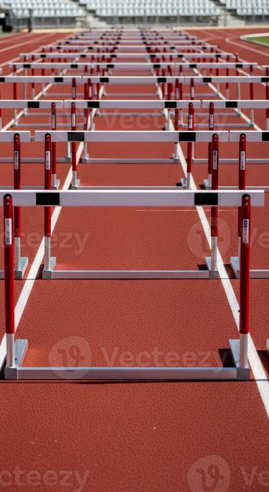 An empty athletic track with multiple rows of hurdles set up for a race ready for competition photo