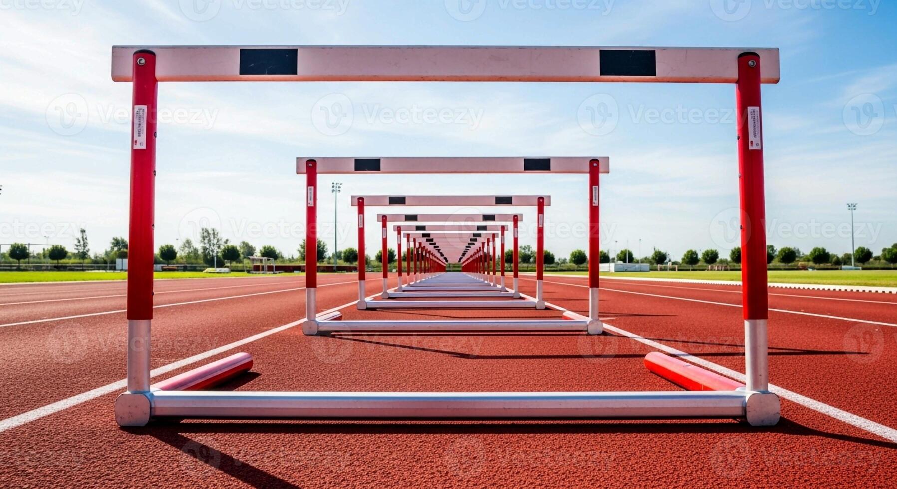 A perspective view of a track and field stadium with multiple hurdles lined up on a red running track under a clear blue sky photo