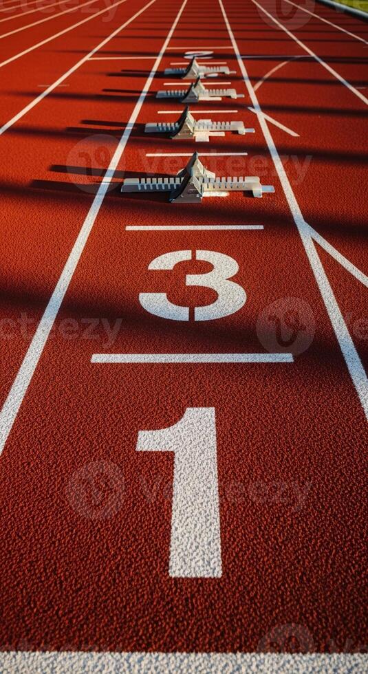 Ready for the race a close up view of starting blocks on a red running track photo
