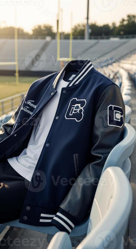 A jacket is sitting on a bench in a stadium photo