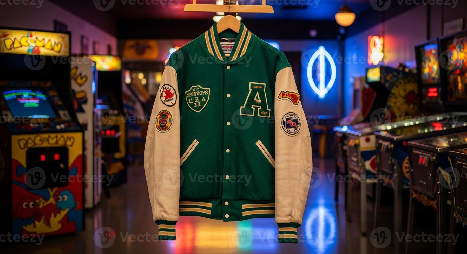 A green jacket hanging on a rack in a pinball room photo