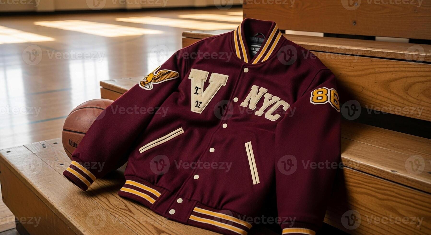 A maroon and gold varsity jacket sits on a wooden bench photo