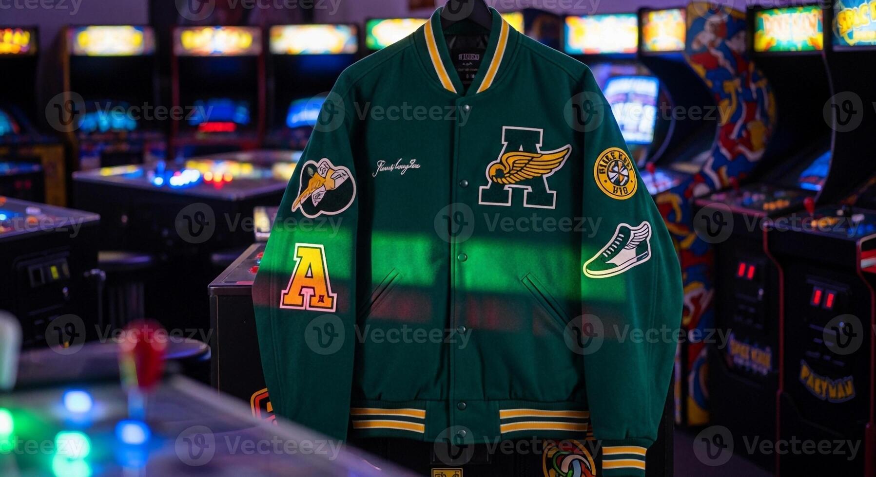 A green jacket with patches on it is sitting on a table photo