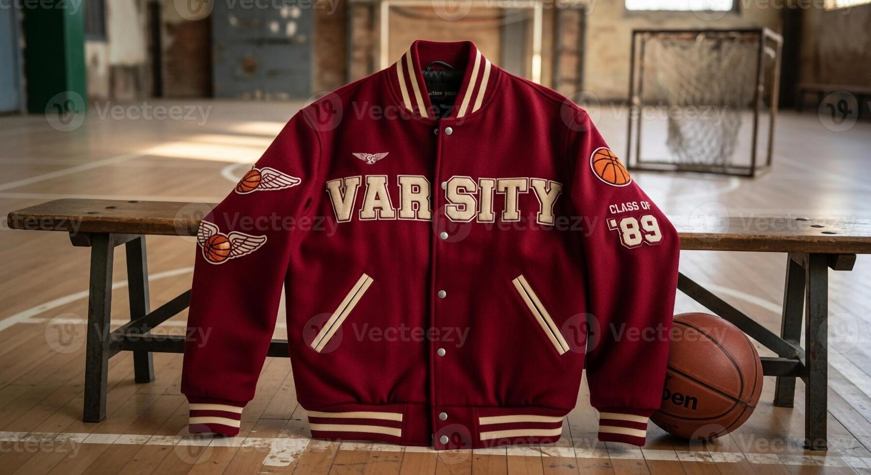 A red jacket with the words varsity on it photo