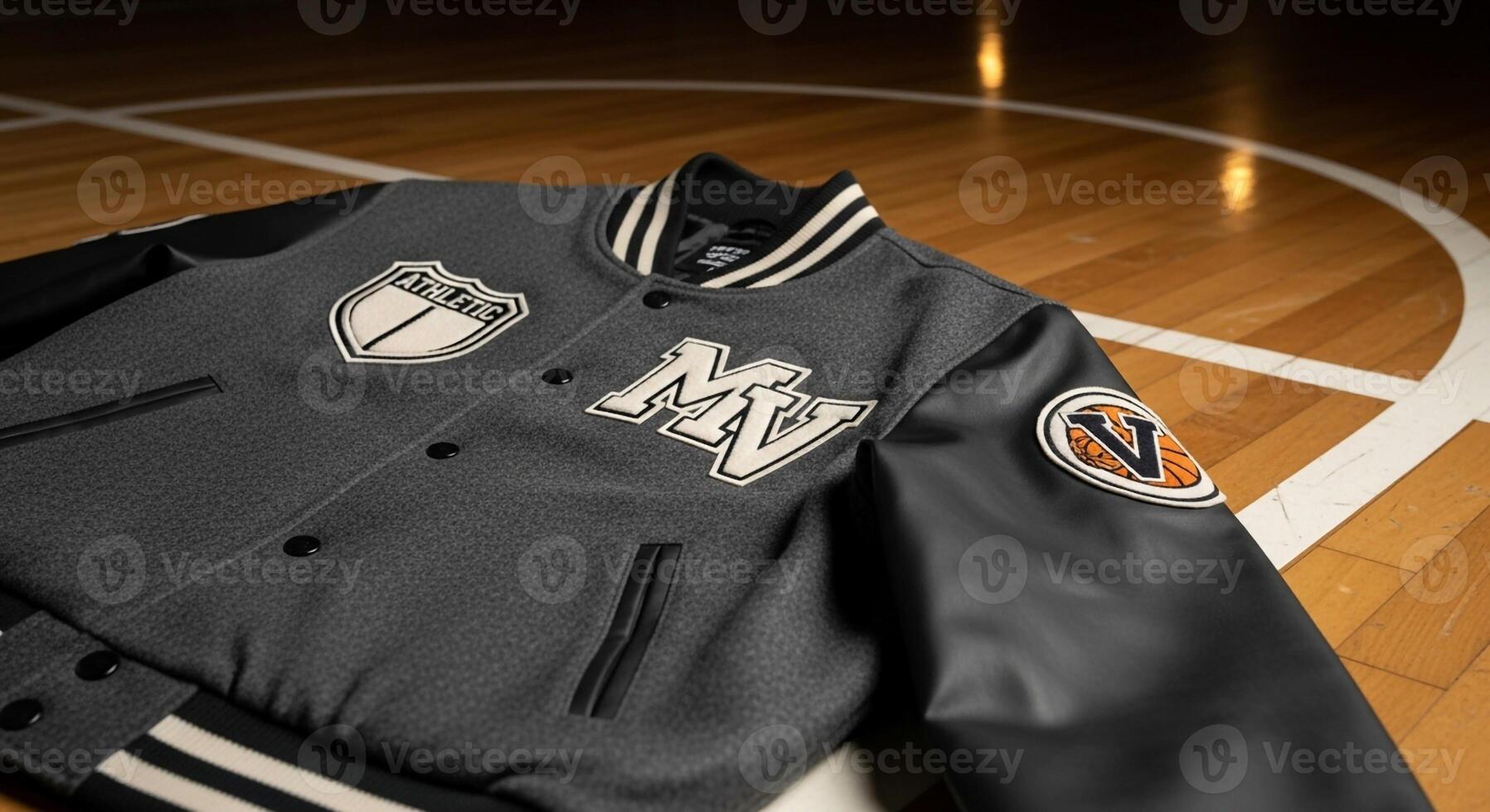 A black and white varsity jacket on a basketball court photo