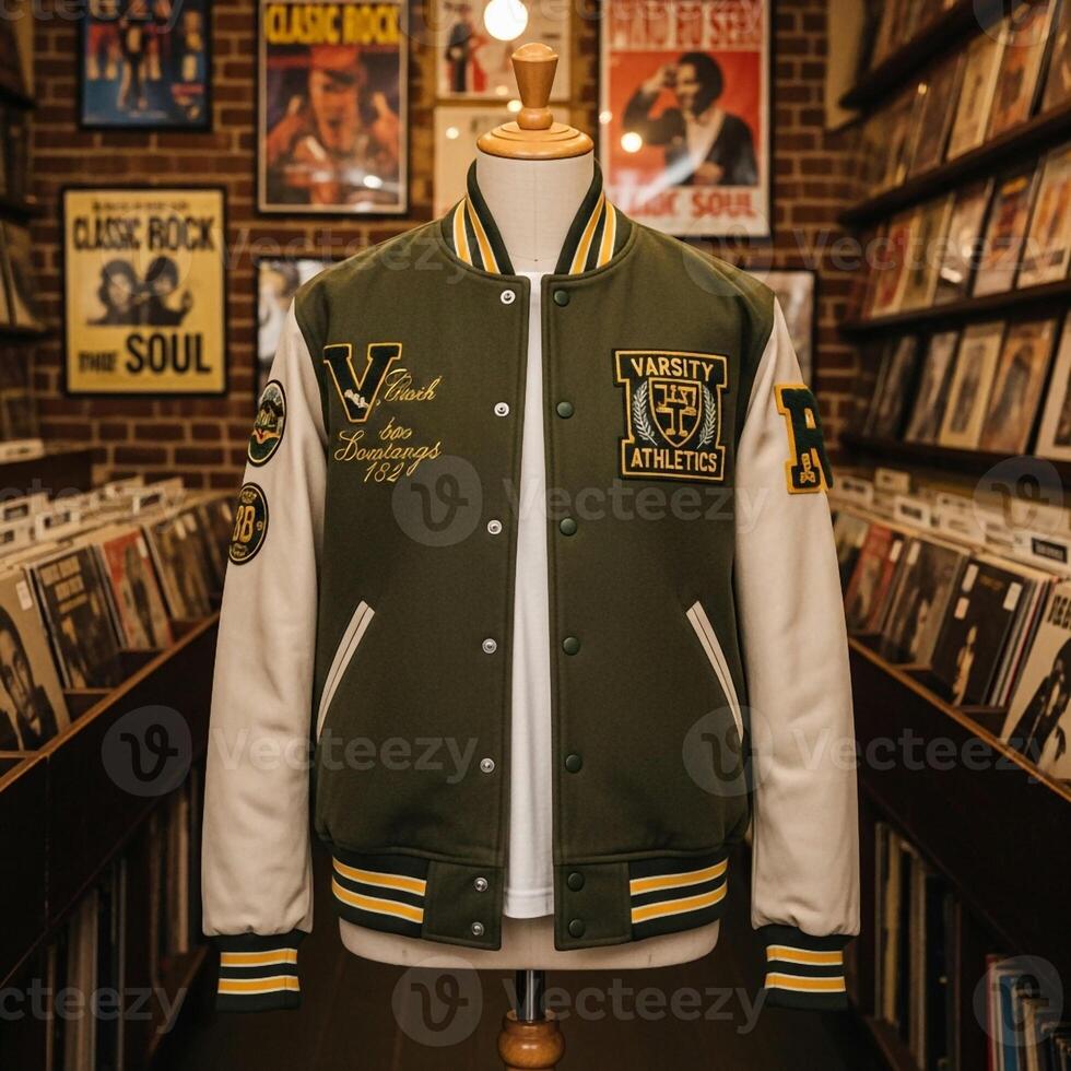 A jacket with the words varsity on it in a record store photo