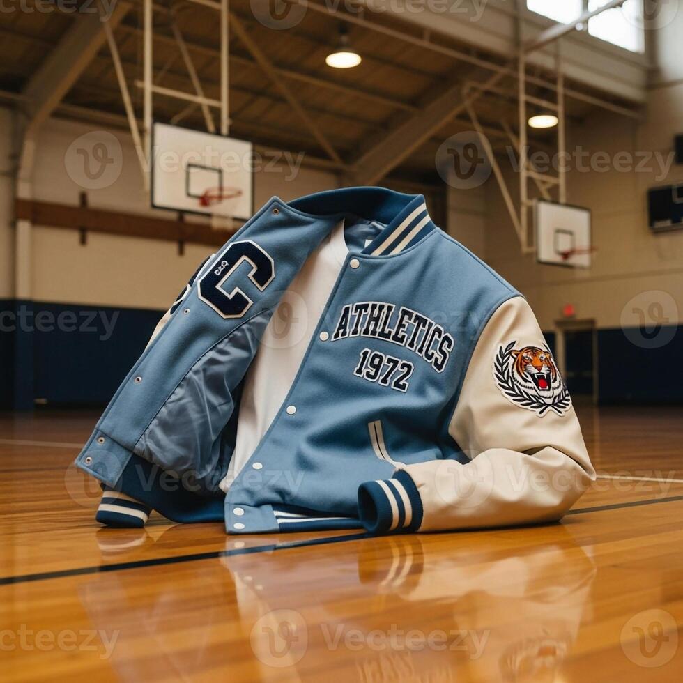 A blue and white jacket laying on the floor in a basketball court photo