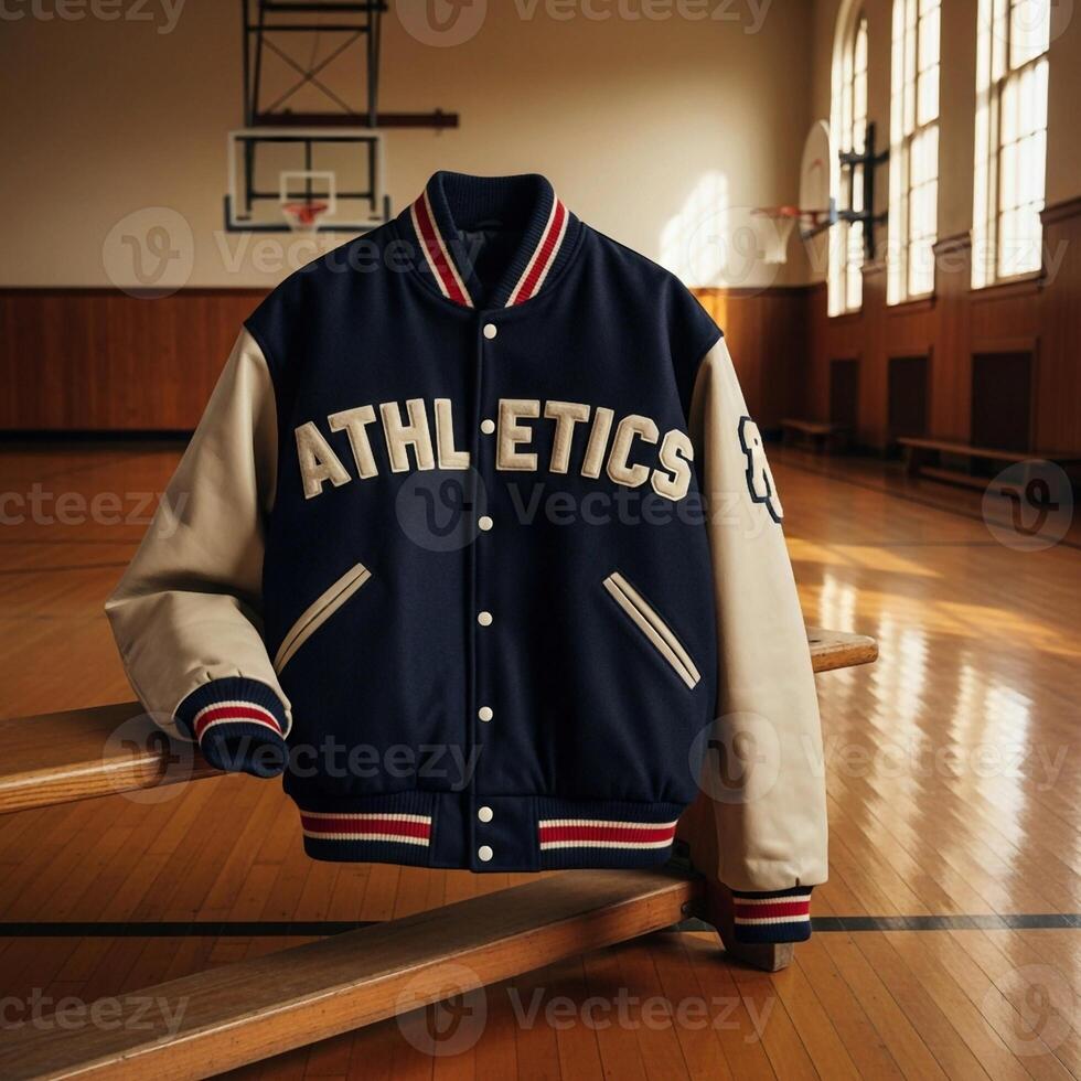 A jacket with the word athletics on it sitting on a bench photo