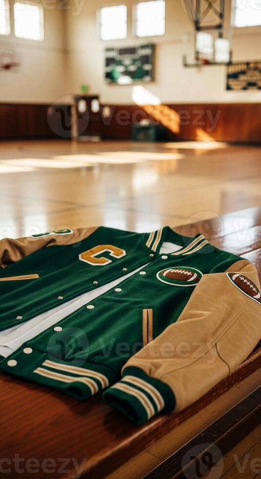 A green and tan varsity jacket sits on a bench photo