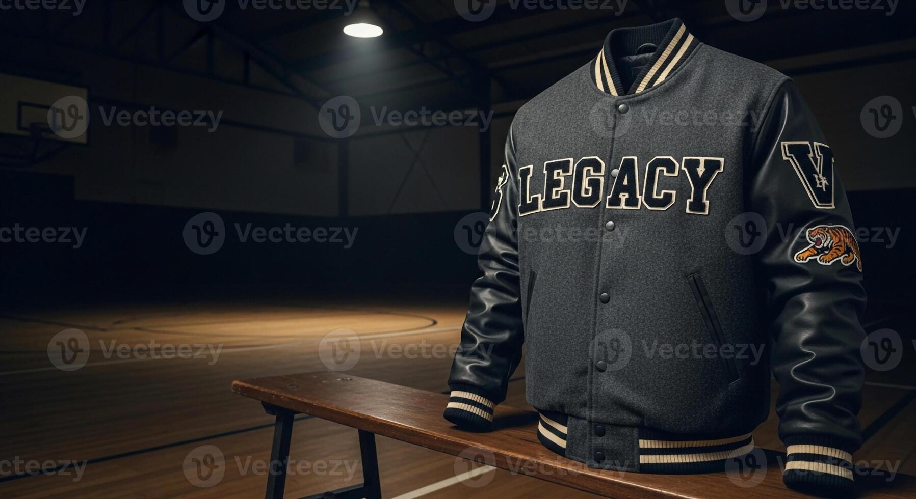 A jacket with the word legacy on it is sitting on a bench photo