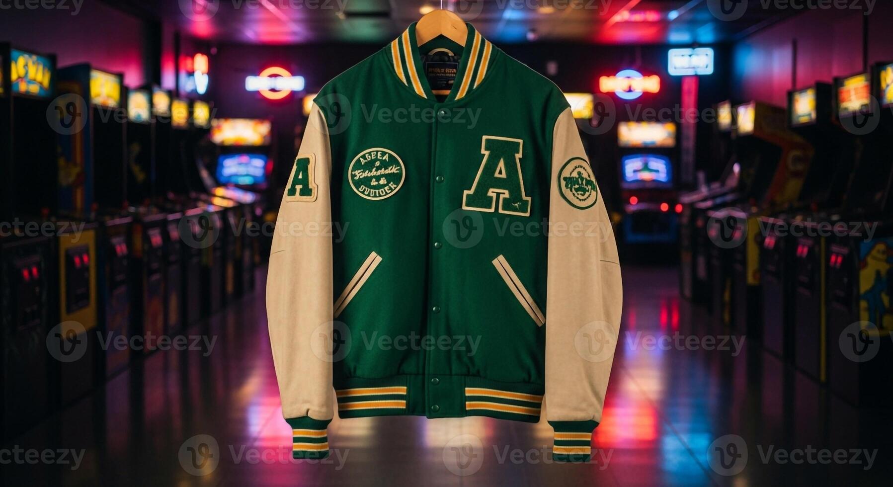 A green and white jacket hanging on a rack in a dark room photo