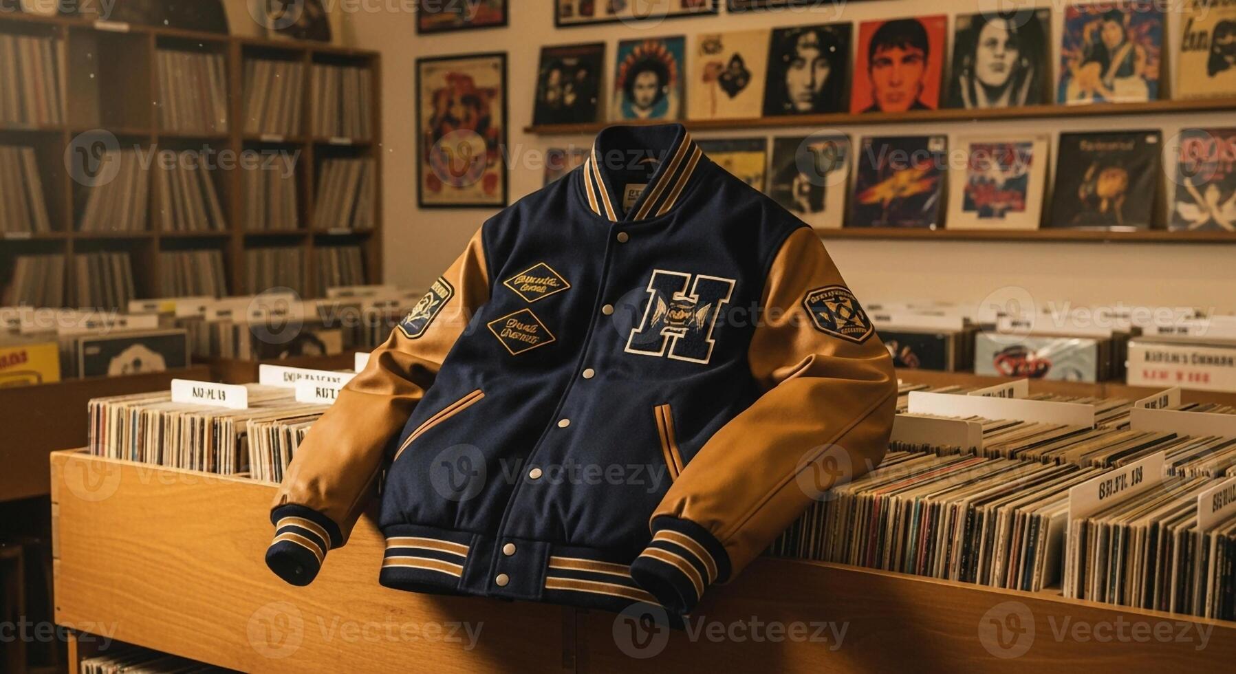 A jacket is sitting on top of a shelf in a record store photo