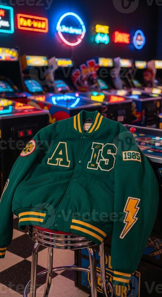 A green jacket sitting on a stool in front of a pinball machine photo