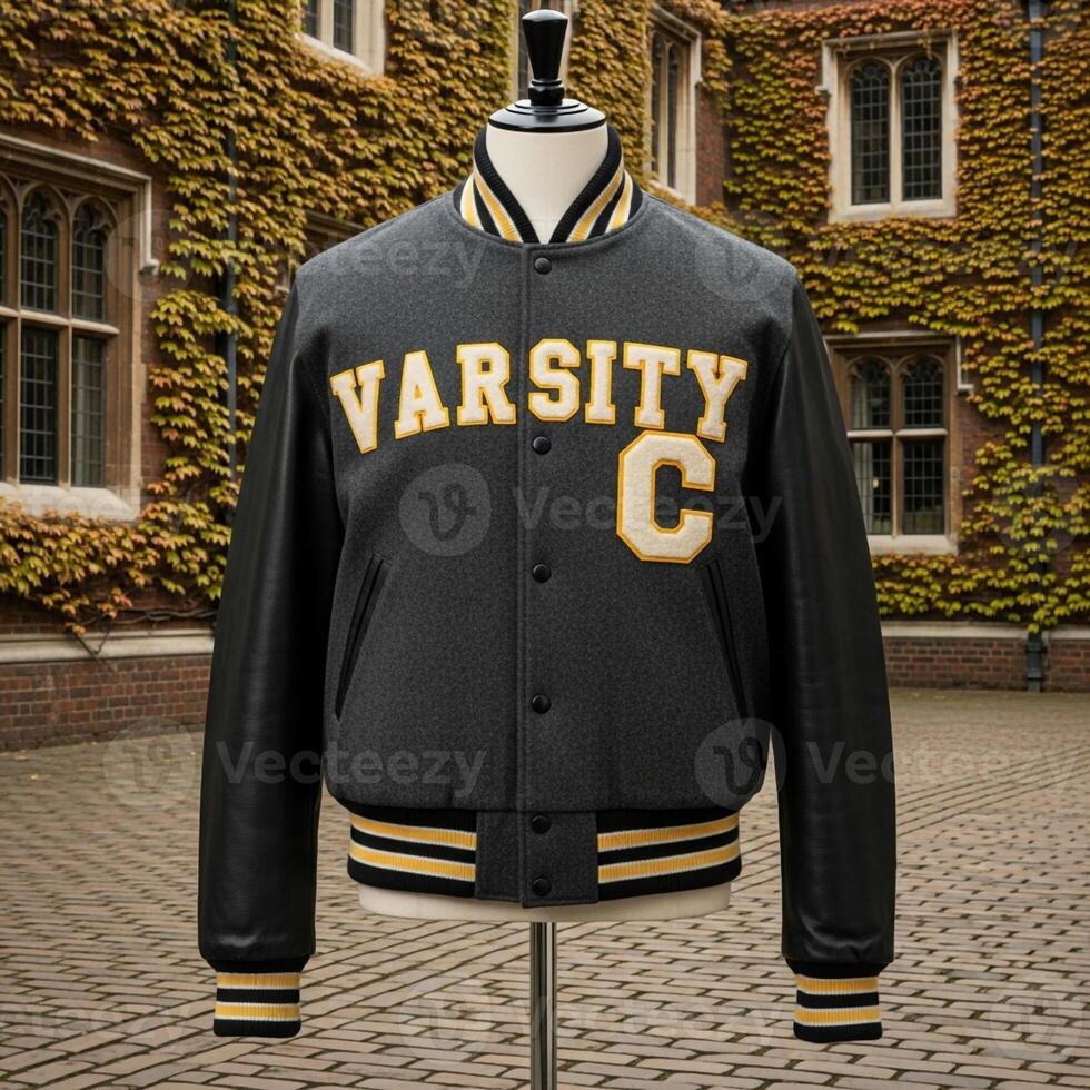 A black and gold jacket with the word varsity on it photo