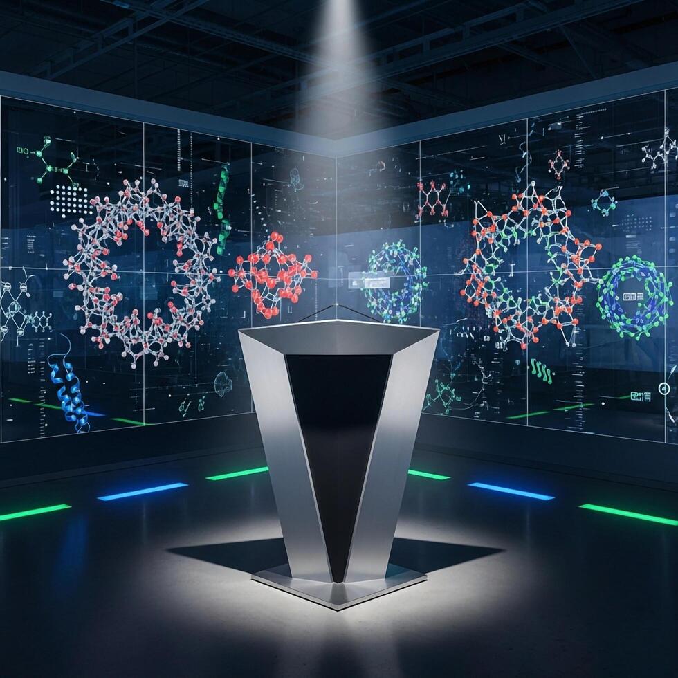 A futuristic display with a large display of different colored lights photo