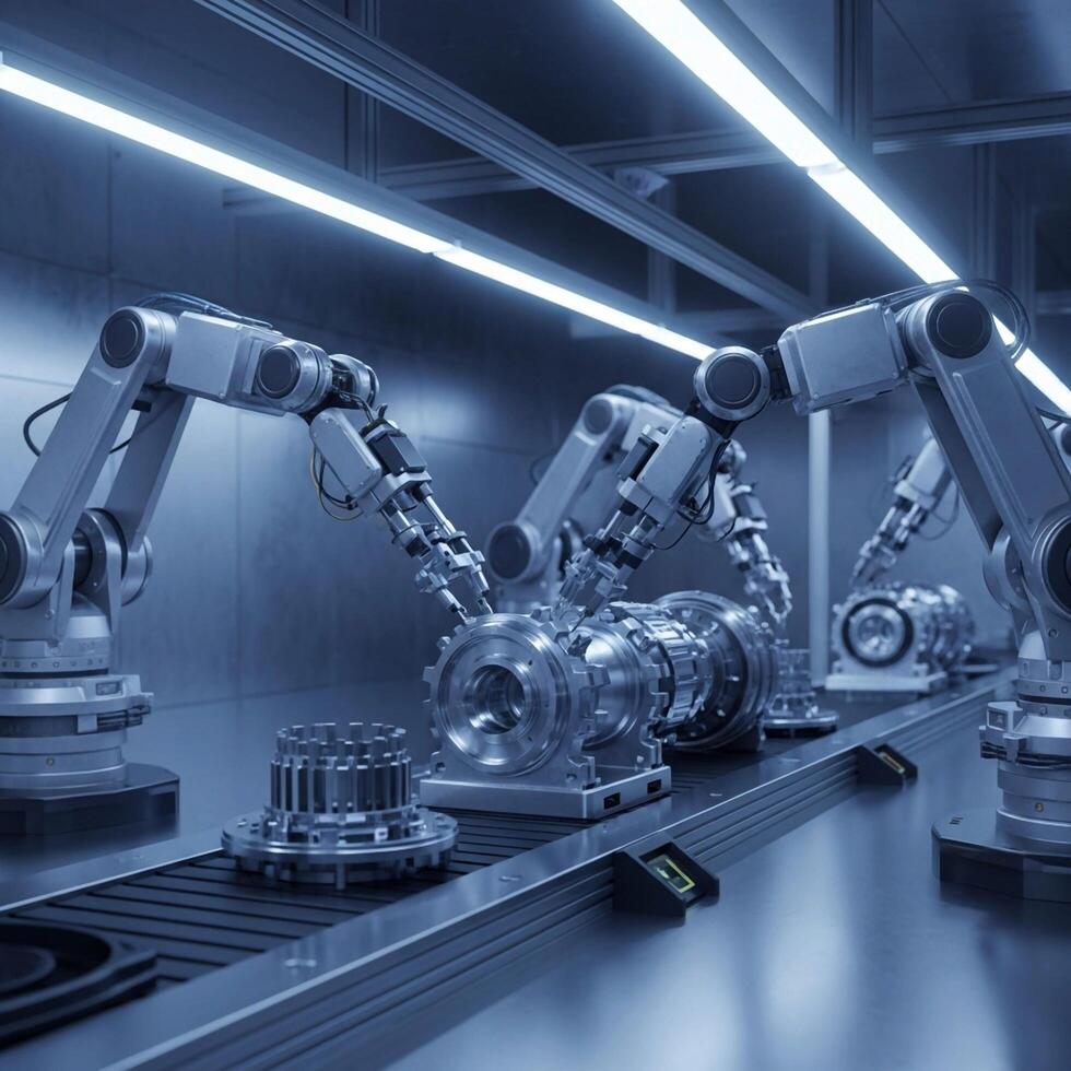 Robots working in a factory with lights on photo