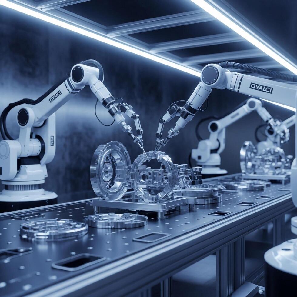 Robots working on a machine in a factory photo