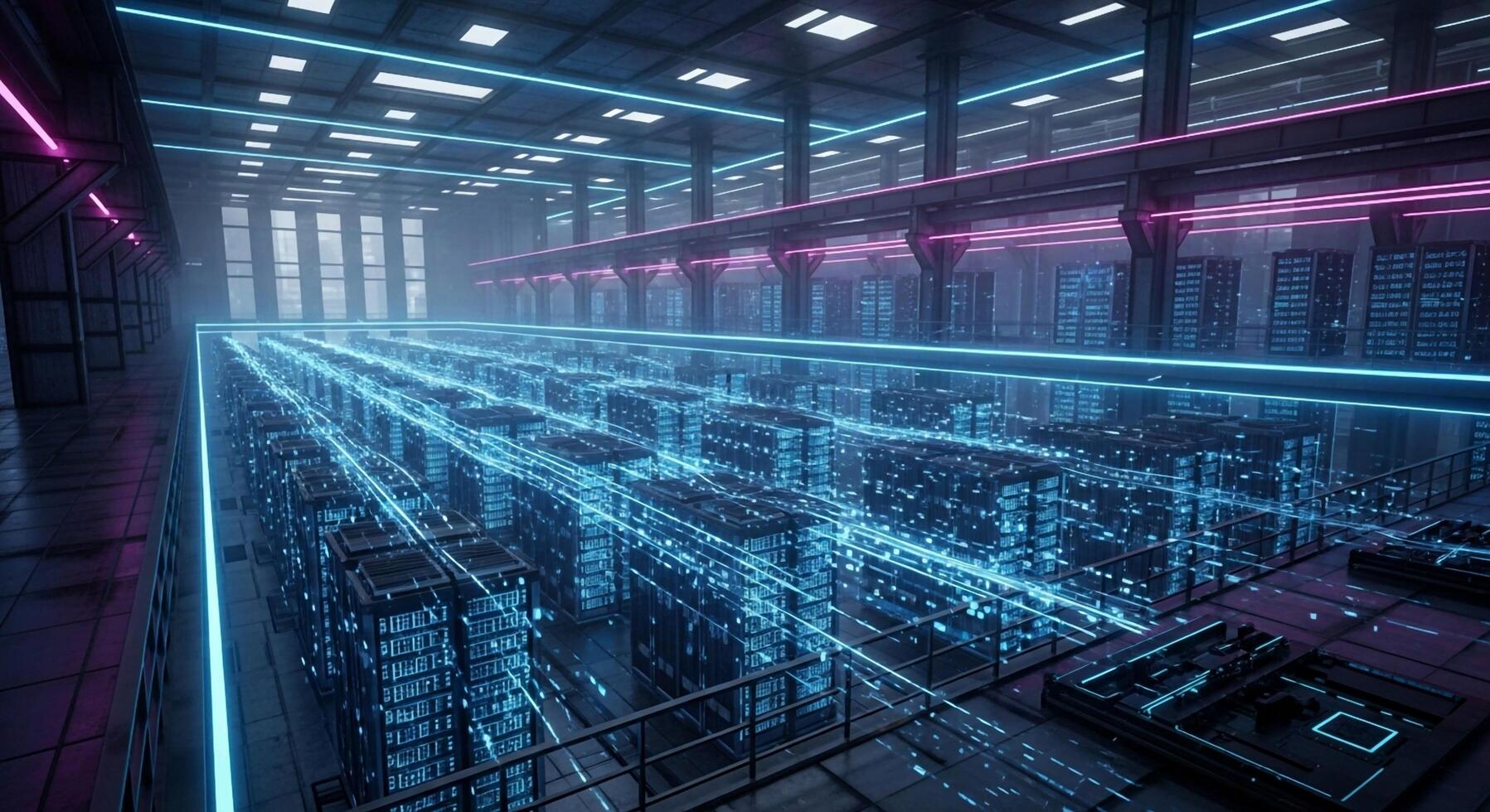 A futuristic data center with rows of computers photo