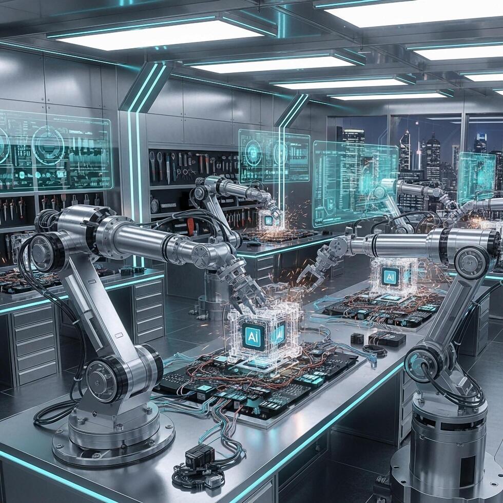 Robotics in the factory - 3d rendering photo