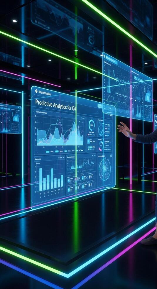 A man standing in front of a futuristic display with data photo