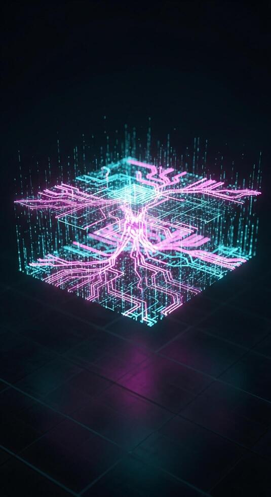 A computer generated image of a cube with a glowing light photo