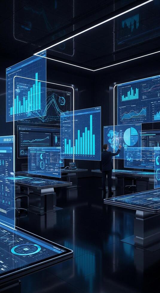 A man in a suit is looking at a computer screen with graphs and charts photo
