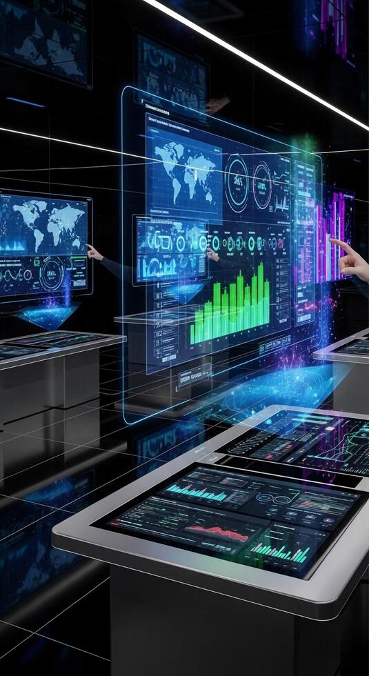 A man in a suit is pointing at a computer screen with a digital interface photo