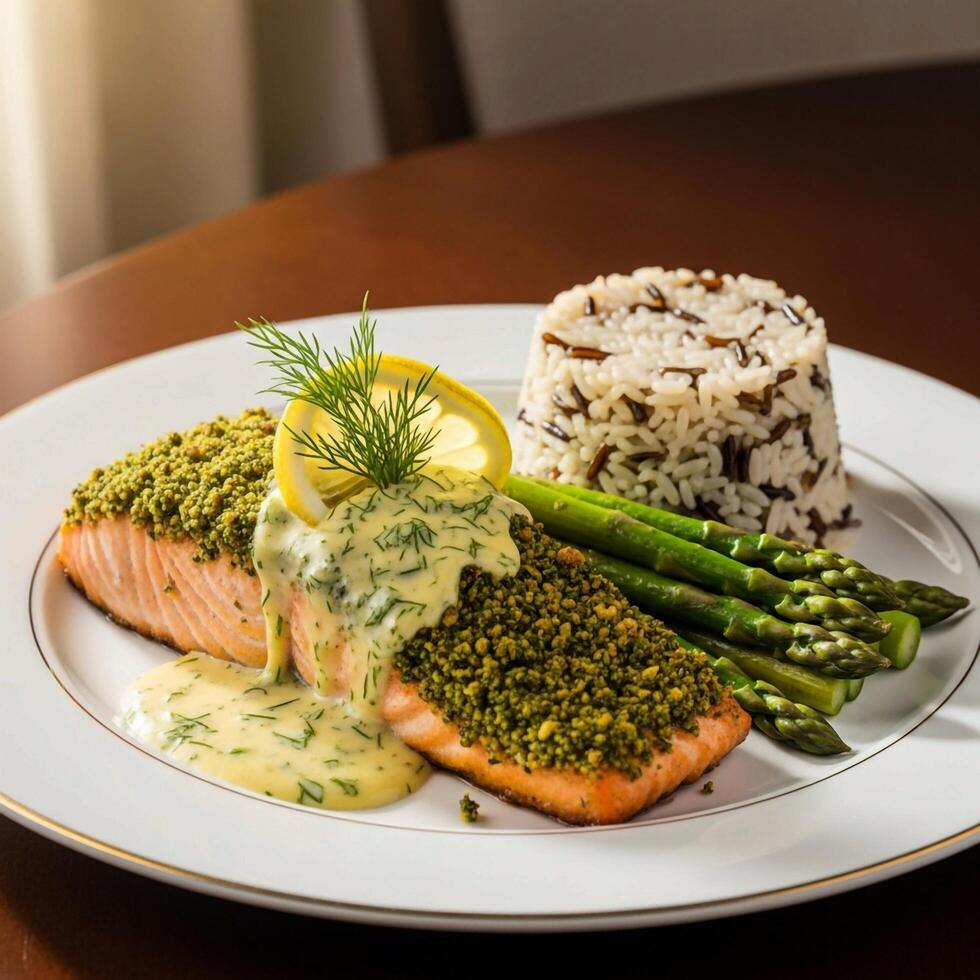 A plate with salmon, asparagus and rice photo