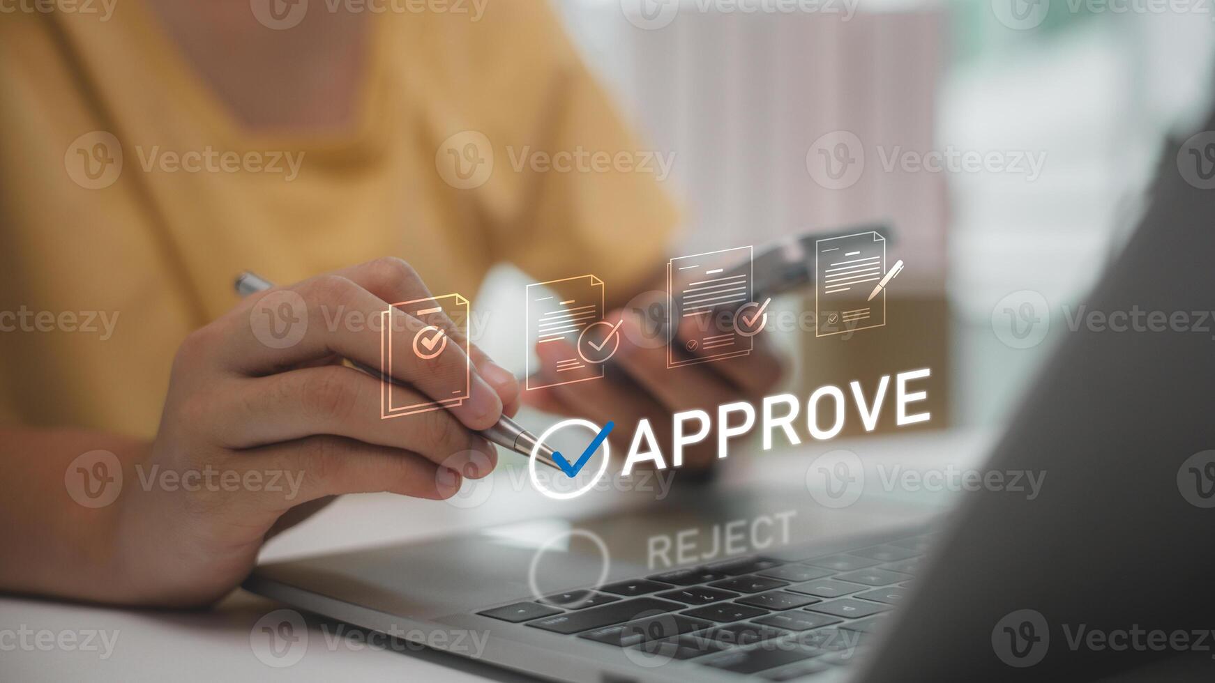 Digital document approval process with person confirming files on laptop. Concept of e-approval, online verification, business workflow, and paperless office solutions for modern organizations. photo