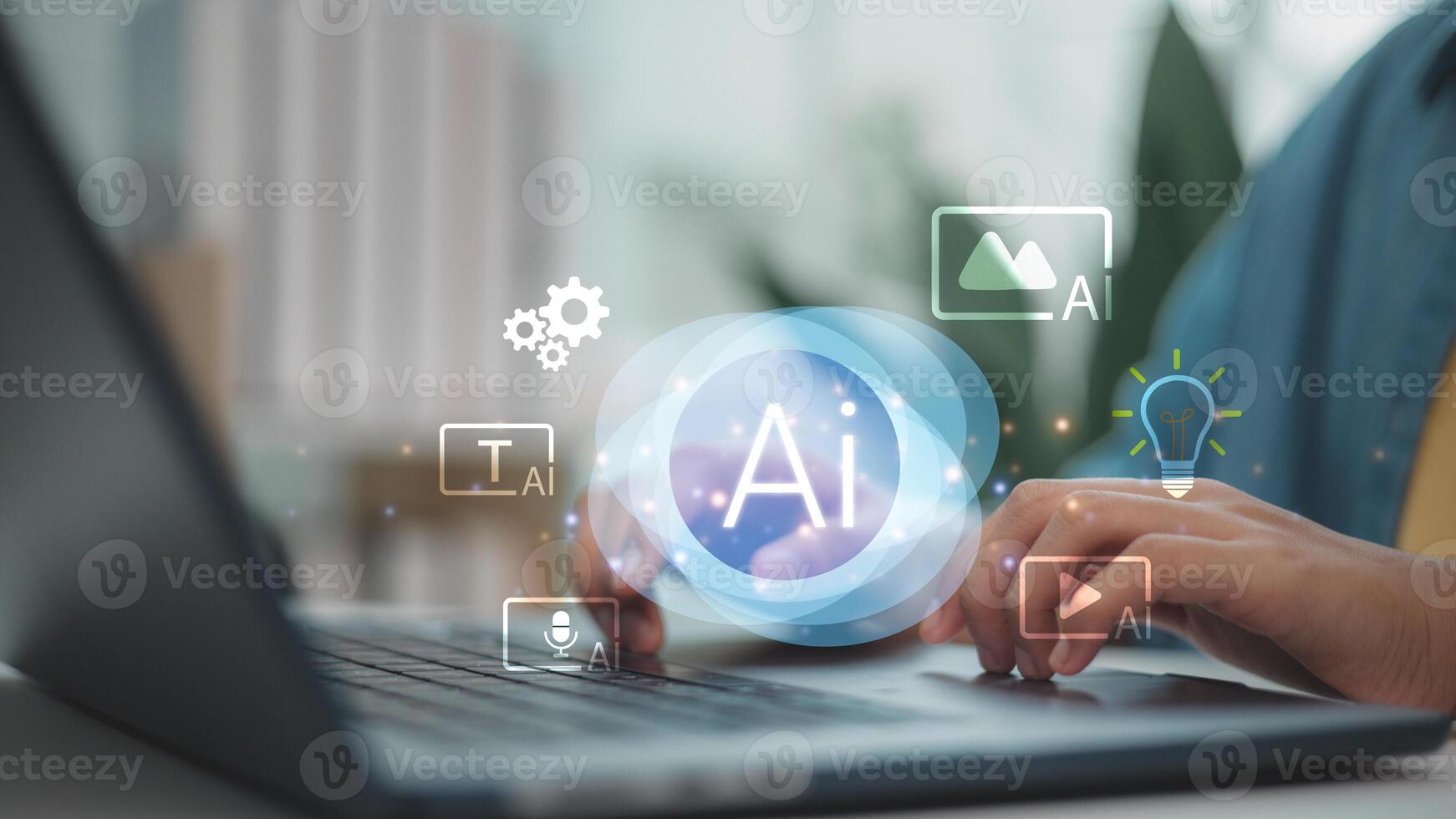 Hands typing on laptop with AI interface icons for text, image, , voice and idea generation, representing artificial intelligence tools for digital content creation. photo