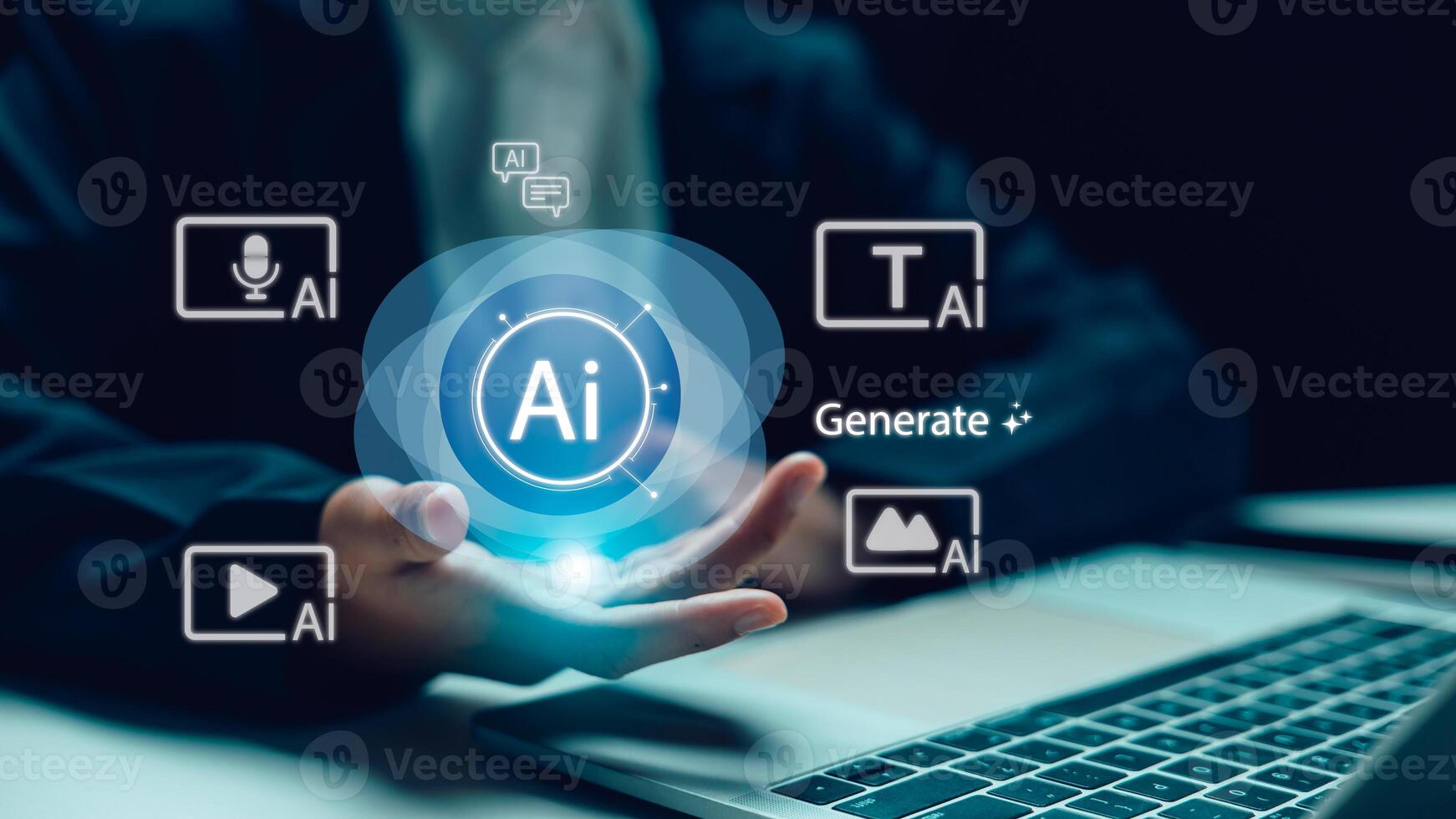 technology concept with digital icons for text, image, , and voice creation. Suitable for artificial intelligence tools, machine learning innovation, and creative automation. photo