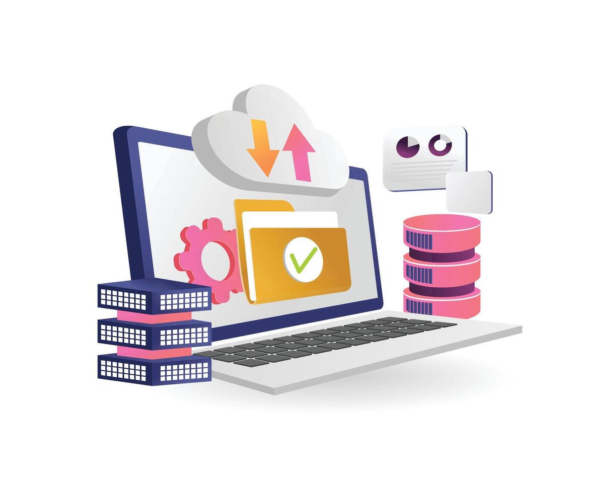 Computer with cloud storage and data icons vector