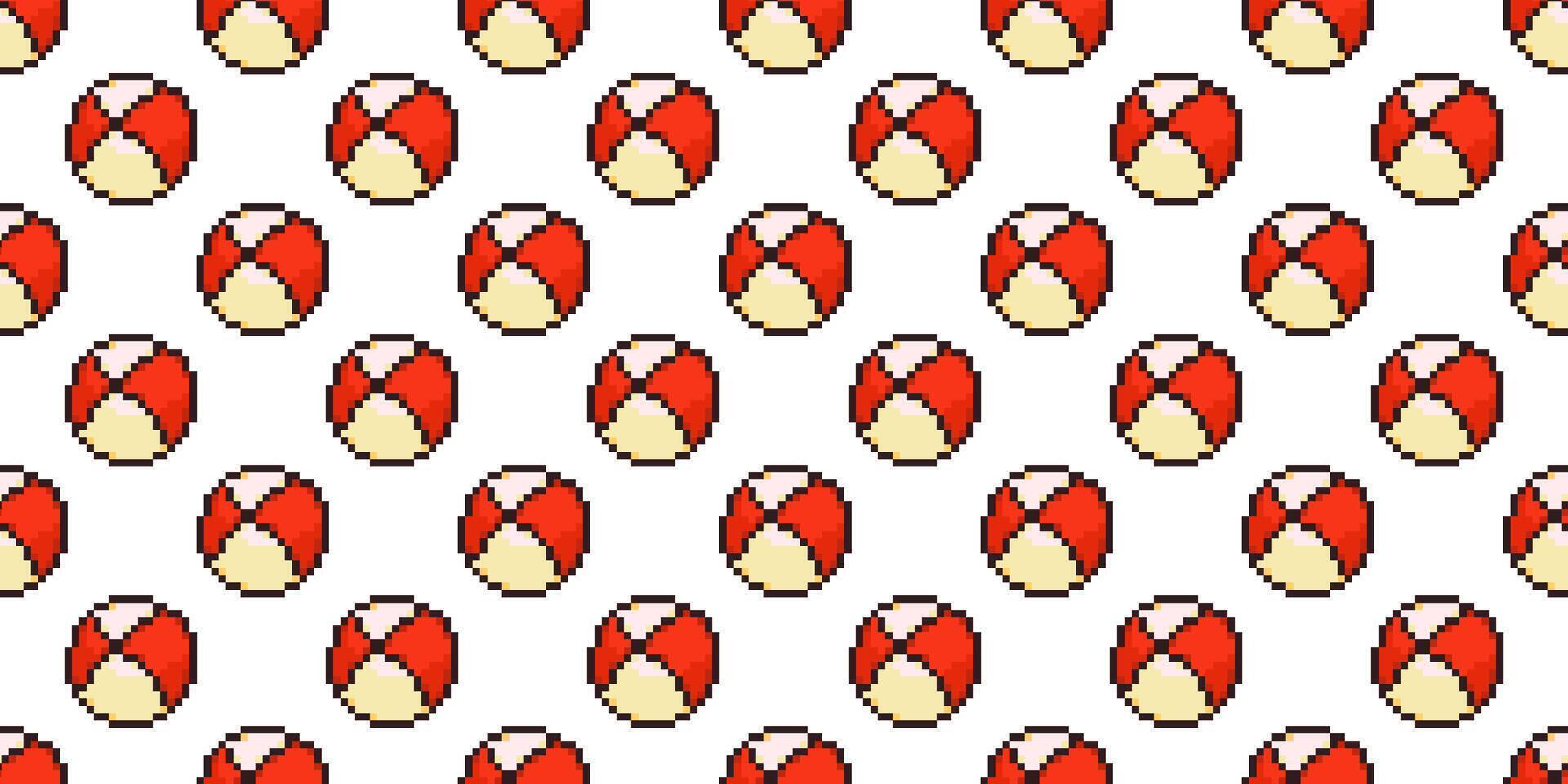 Seamless pixel pattern featuring retro beach balls in a repeating layout. Perfect for summer themes, nostalgic gaming vibes, textile prints, and digital backgrounds. 8-bit pixel style for retro charm. vector