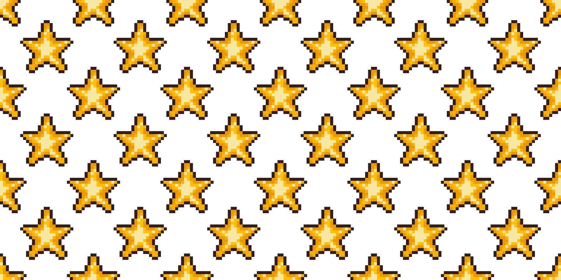 Seamless pixel pattern of golden five-pointed stars on a white background. Retro 8-bit style perfect for summer, gaming, holiday wrapping, kids crafts, digital papers, and nostalgic projects. vector