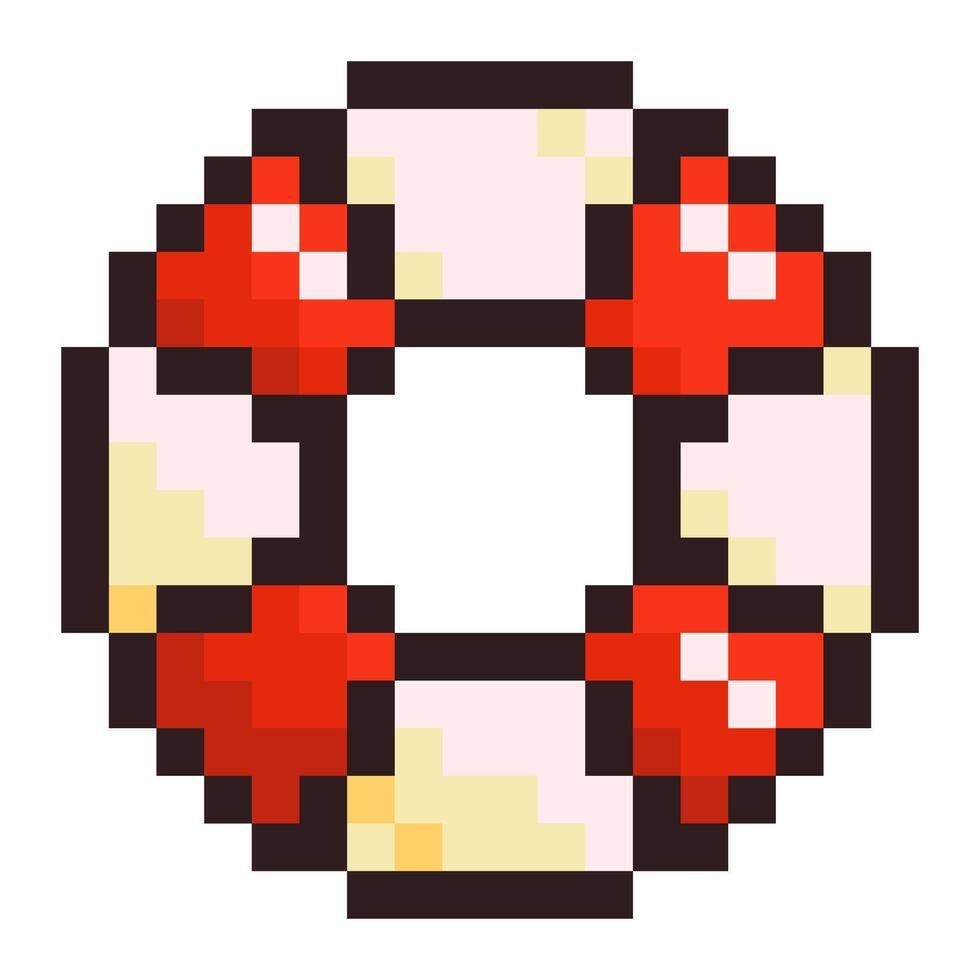 Pixel illustration of a lifebuoy ring in retro 8-bit style with red and white segments. Ideal for beach, ocean, summer, safety, and nautical-themed projects or pixel art game assets and collections. vector