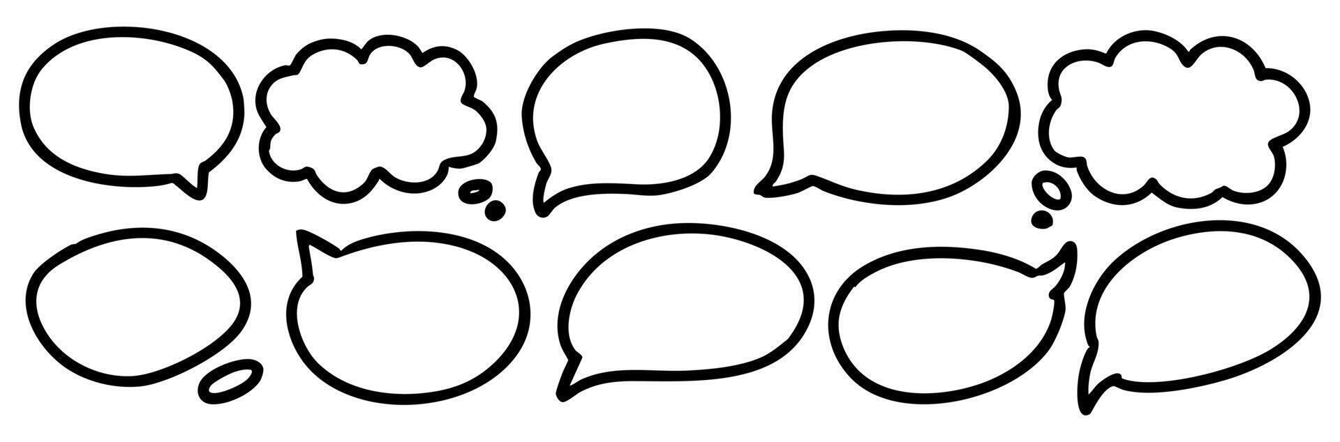 Set of empty black outlined speech and thought bubbles on a white background. Perfect for comics, communication, messages, announcements, and creative text placement in design projects. vector