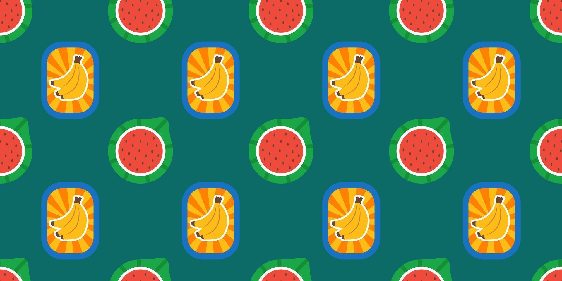 Seamless retro pattern featuring stylized bananas and watermelons fruit stickers on a teal background. Fun design ideal for packaging, textile, wrapping paper, or summer-themed projects. vector