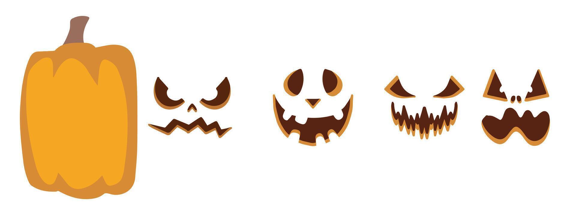 Halloween constructor set featuring a square orange pumpkin and multiple funny, sad, and angry faces. Ideal for festive design projects and banners. vector