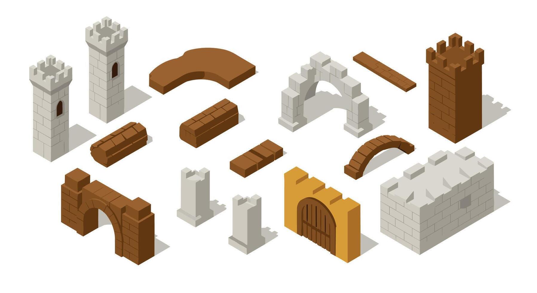 Medieval castle elements in isometric style for game design and architecture projects vector