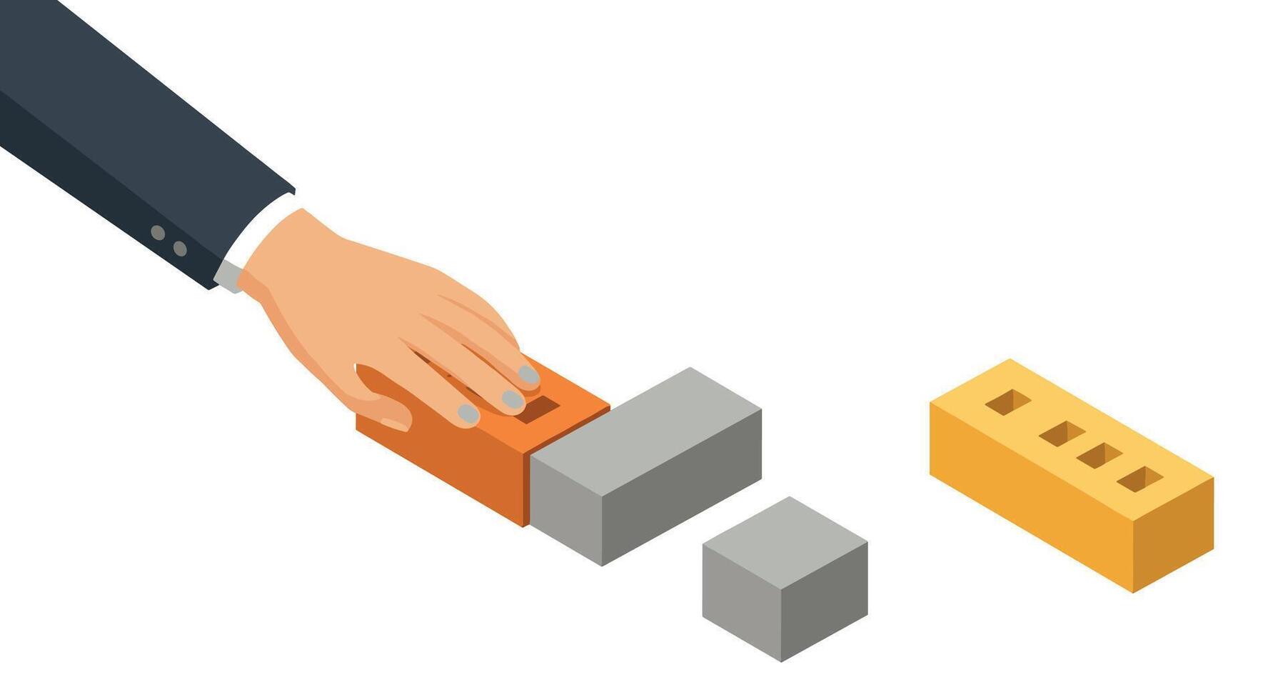 Isometric hand building a wall with colorful blocks on white background vector
