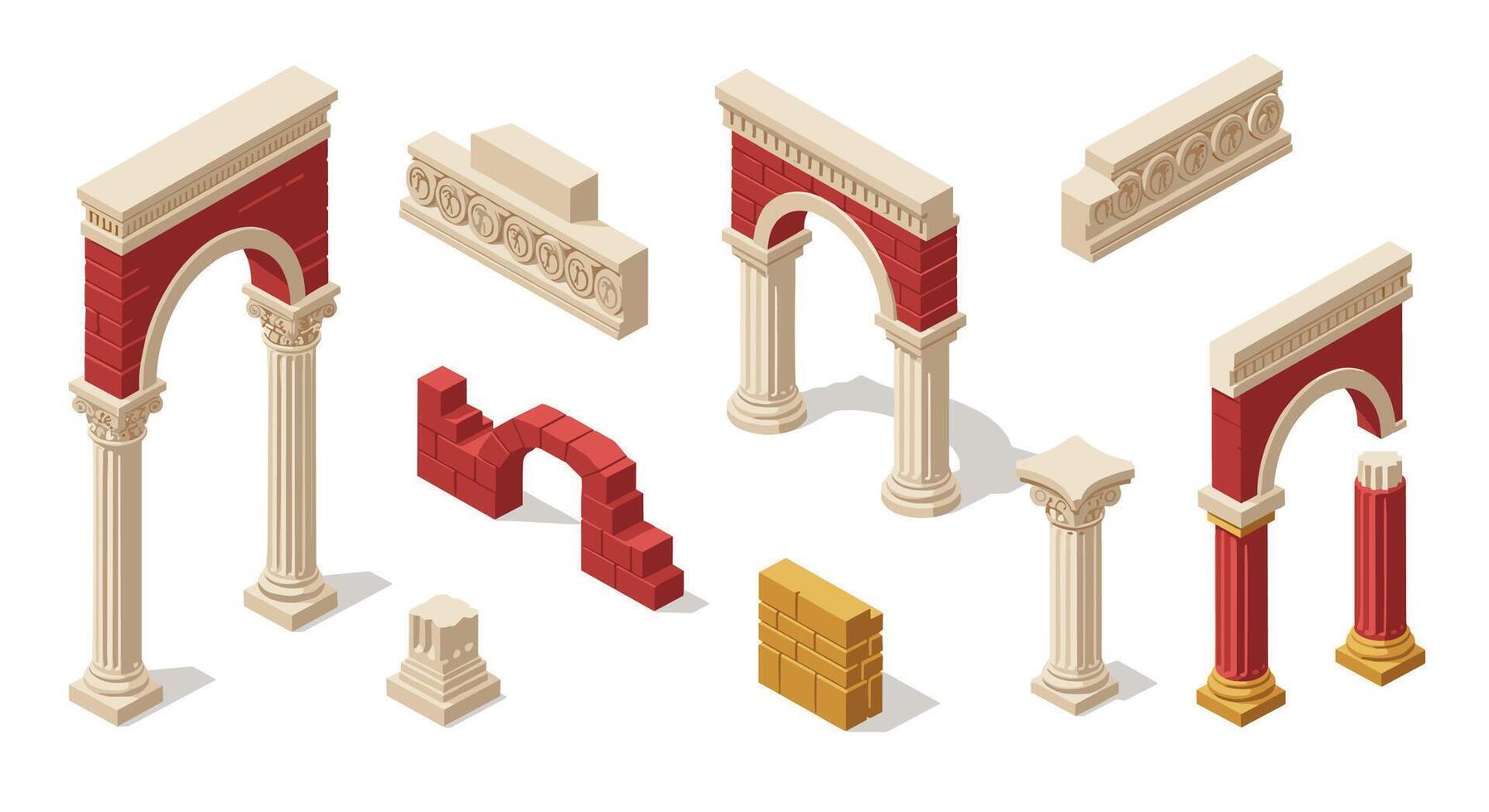 Isometric classical architecture elements with columns and arches in red and beige tones vector