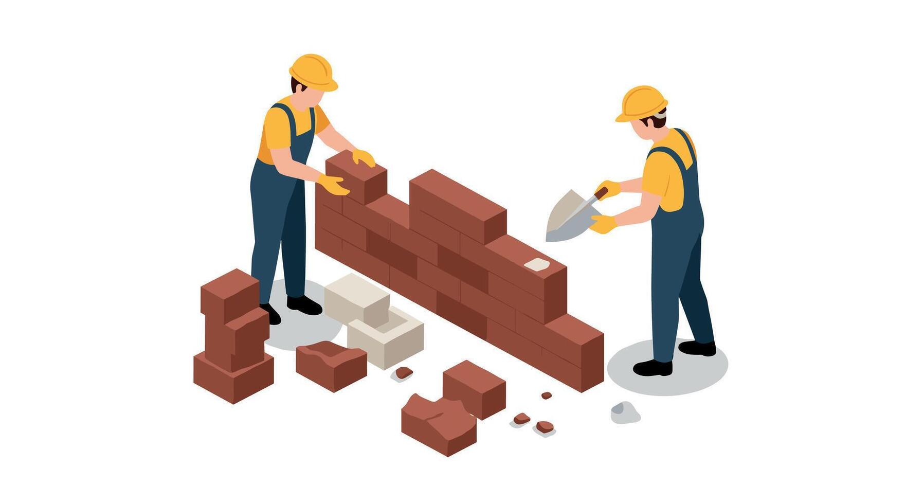 Bricklayers building a wall in isometric style with safety gear and tools vector