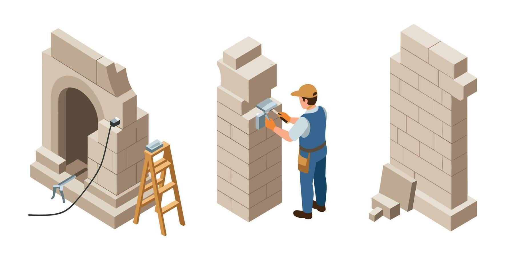 Isometric construction scene with worker building stone structure vector