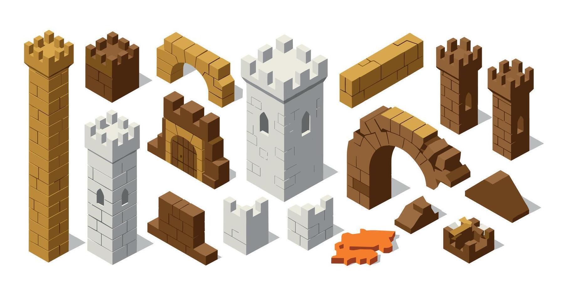 Medieval castle building blocks in isometric view vector