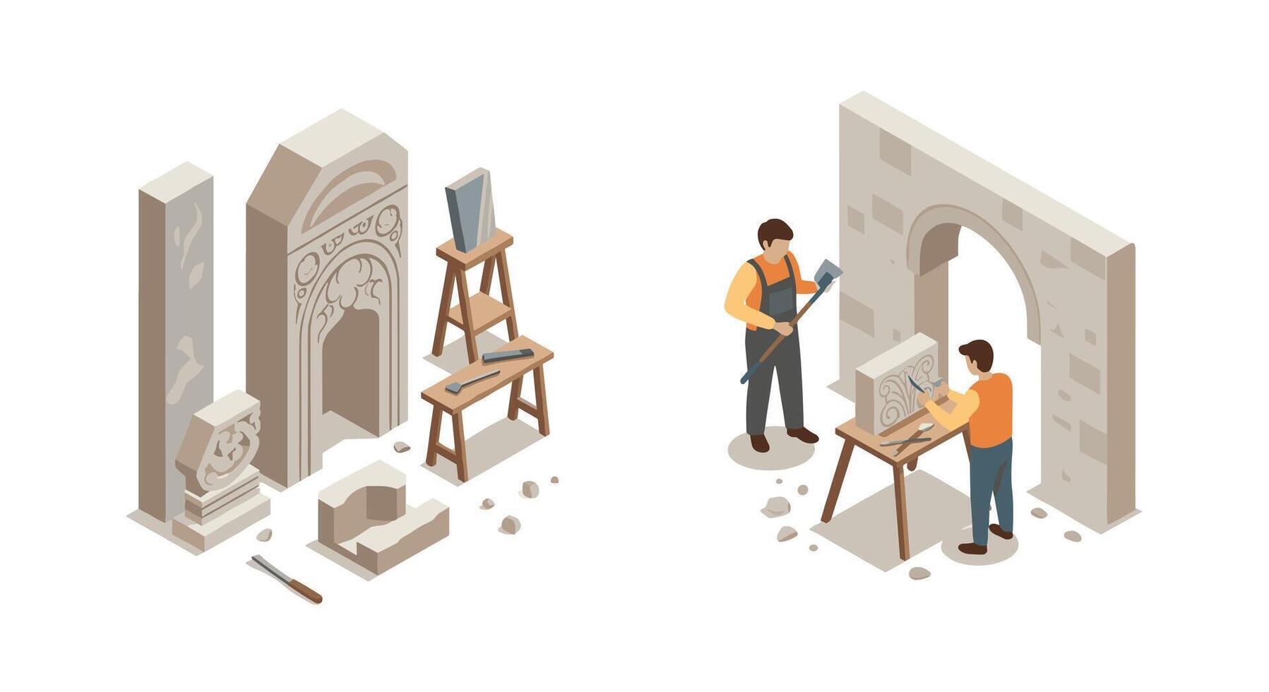 Isometric artisans sculpting and constructing classical stone architecture vector