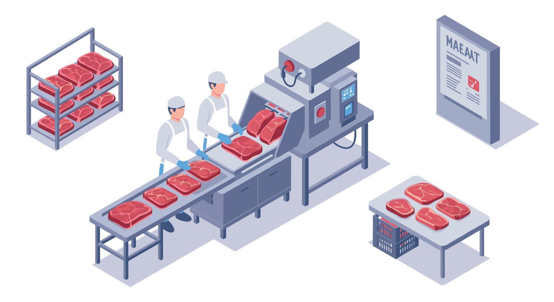 Isometric meat processing plant with automated conveyor and workers vector