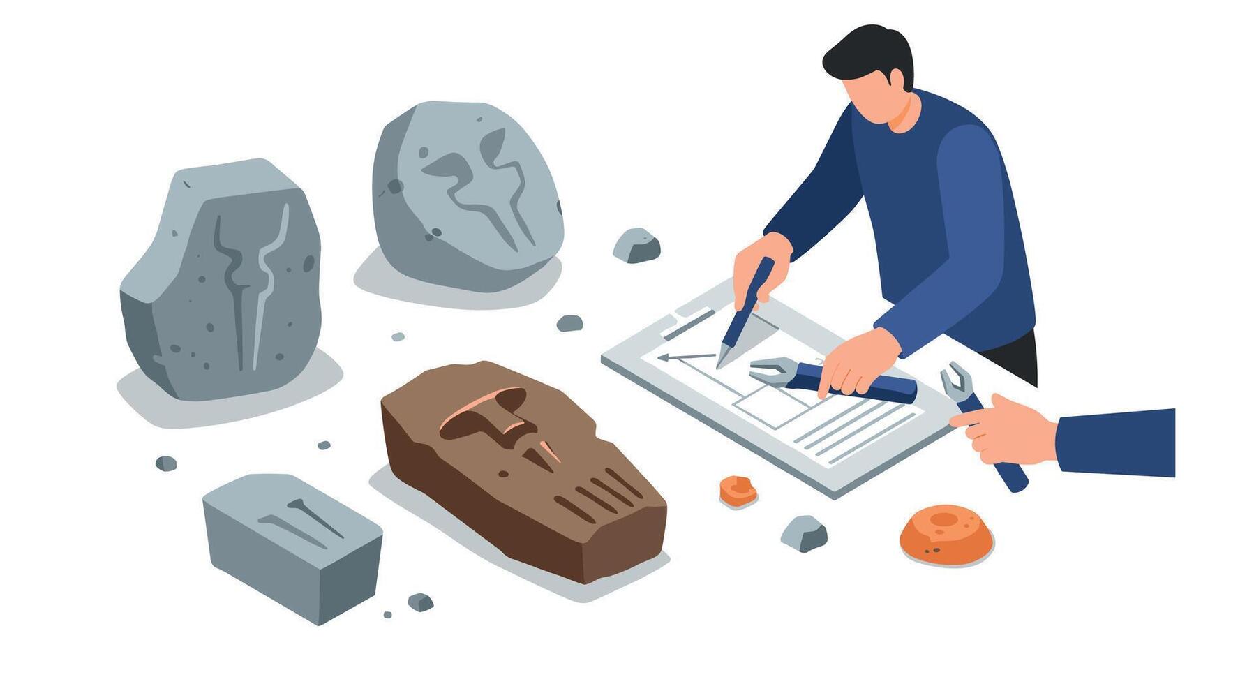Archaeologist designing artifacts with blueprint and tools in isometric style vector