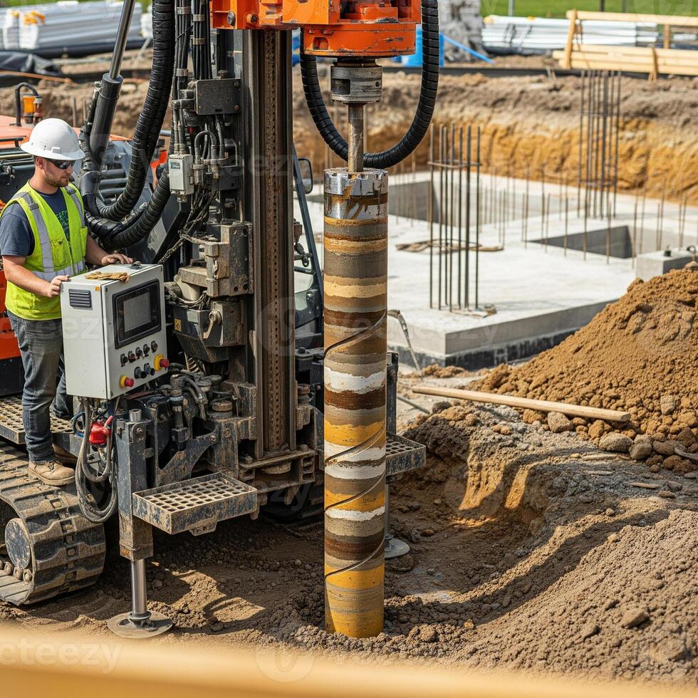 Drilling machine with large auger bit excavating dirt and rocks from ground. Soil sampling during pile drilling. Extraction of underground material for geotechnical analysis and foundation assessment photo