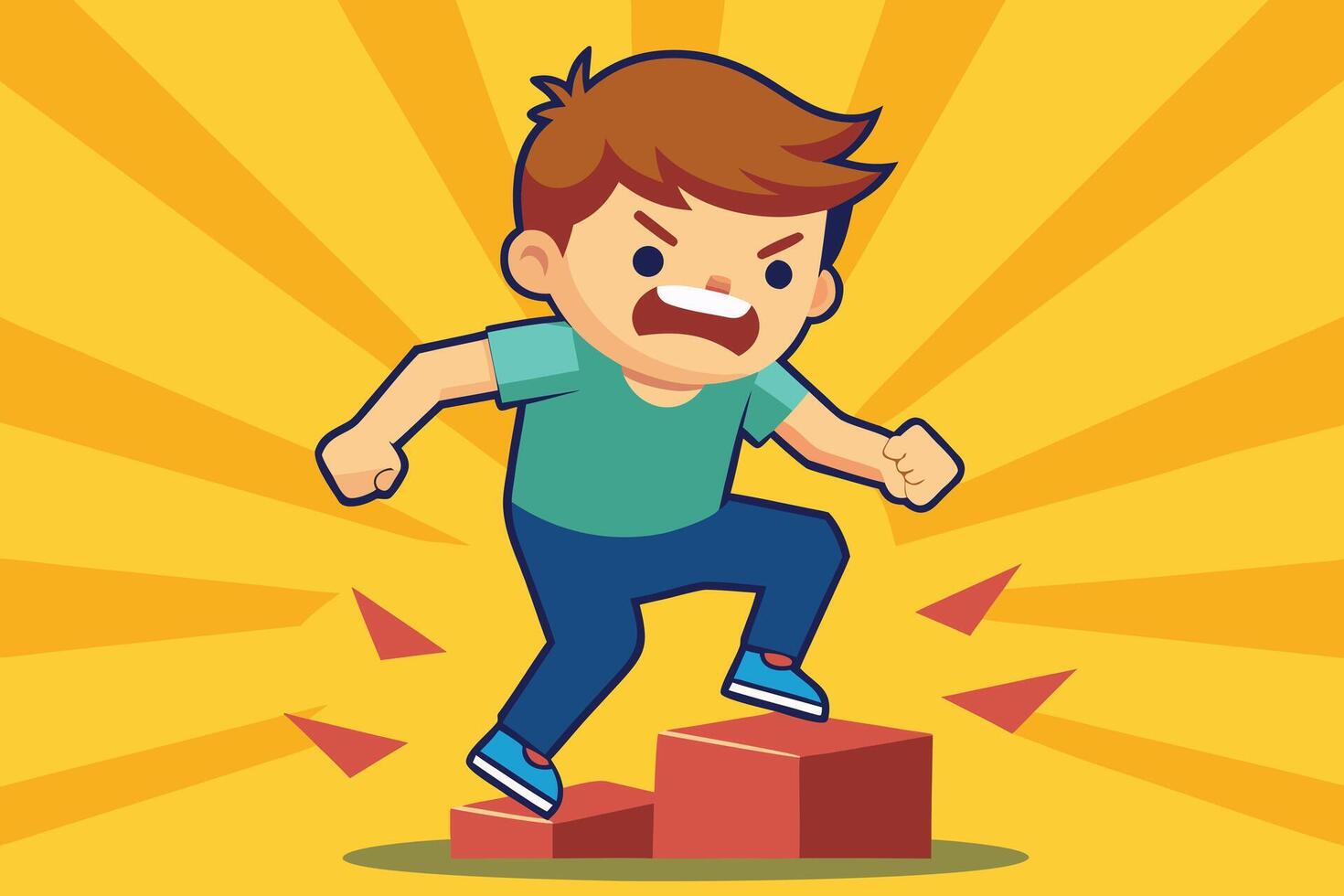 Cartoon Boy with Angry Expression Steps Up on Red Cubes Against Yellow Background vector