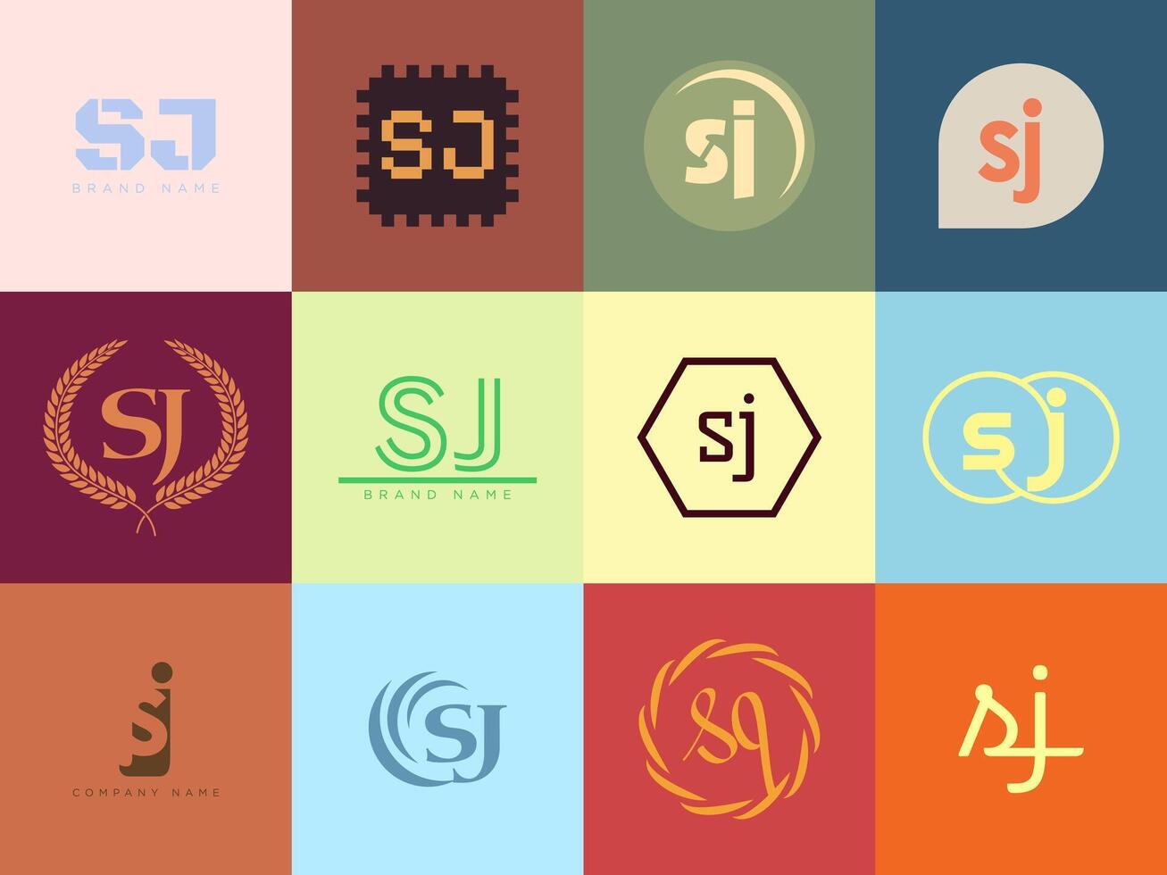 SJ logo company template. Letter s and j logotype. Set different classic serif lettering and modern bold text with design elements. Initial font typography. vector